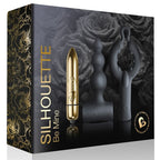 Boîte Silhouette Be Mine de Rocks-Off noir et or à motifs de roses, montrant la bullet dorée, le plug perlé et l'anneau noir du coffret, sans scène ni corps.