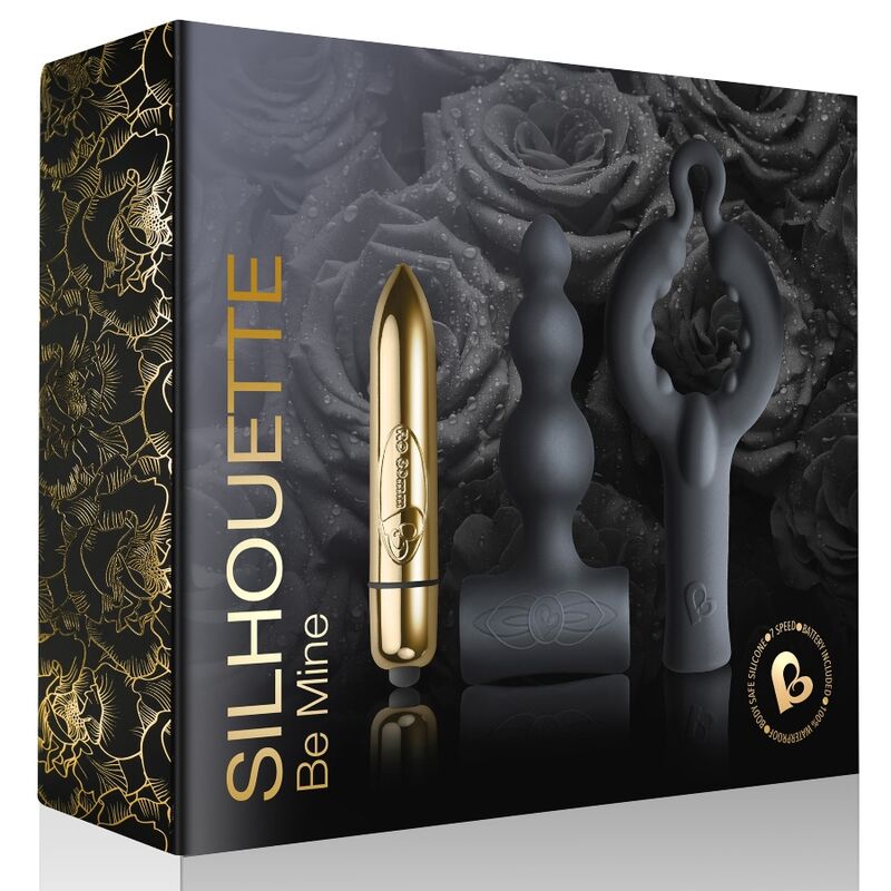 Boîte Silhouette Be Mine de Rocks-Off noir et or à motifs de roses, montrant la bullet dorée, le plug perlé et l'anneau noir du coffret, sans scène ni corps.