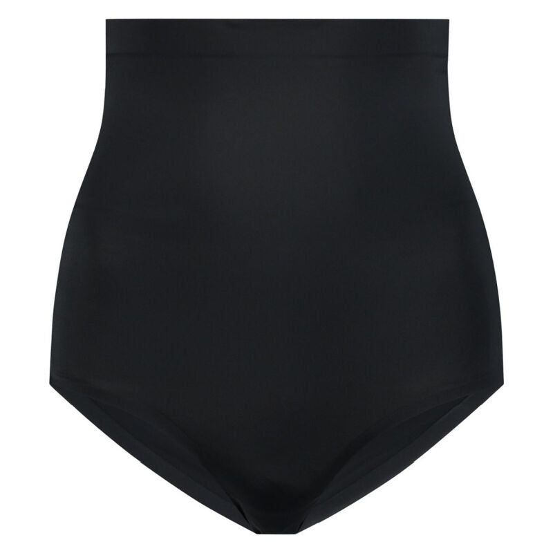 Culotte sculptante taille haute Bye Bra noire a plat sur fond blanc, coupe galbante sans couture, controle du ventre, gousset hygienique, gamme S a XXL.