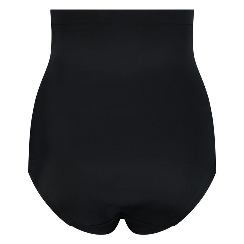 Culotte sculptante taille haute Bye Bra noire presentee a plat de face, coupe galbante sans couture, controle du ventre, gousset hygienique, disponible du S au XXL.