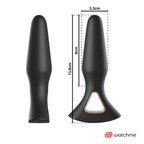 Schema technique du plug anal Anbiguo Alexandru avec cotes : 13,6 cm de longueur totale et tete de 3,3 cm, silicone noir a base evasee pour un usage securise.