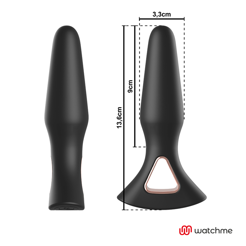 Schema technique du plug anal Anbiguo Alexandru avec cotes : 13,6 cm de longueur totale et tete de 3,3 cm, silicone noir a base evasee pour un usage securise.