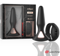 Coffret Anbiguo Alexandru : plug anal vibrant en silicone noir et sa telecommande montre Watchme, presentes devant l'emballage marbre, jeu anal etanche rechargeable.