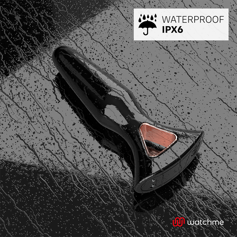 Plug anal Anbiguo vibrant en silicone noir sur fond mouille, badge Waterproof IPX6 mettant en avant l'etancheite pour le jeu anal sous la douche.
