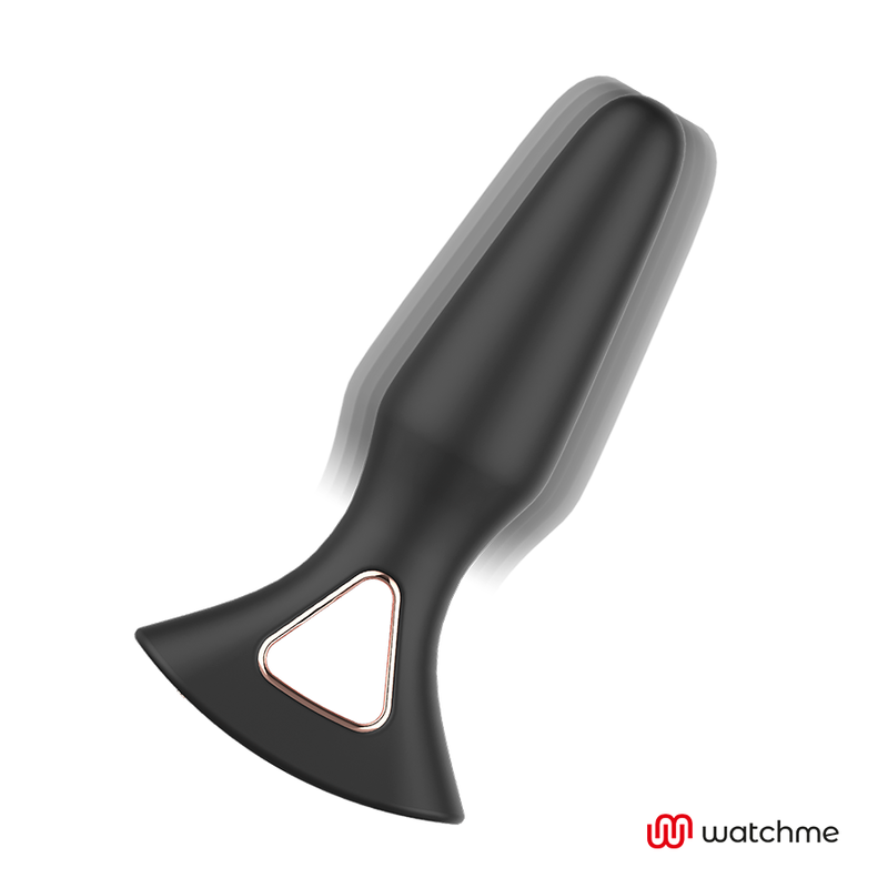 Plug anal Anbiguo Alexandru en silicone noir, vue de profil sur sa large base evasee triangulaire, corps effile lisse en leger flou de mouvement evoquant la vibration.