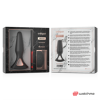Emballage du plug anal Anbiguo Alexandru ouvert montrant l'avant marbre et le verso avec notice, presentation du jeu anal vibrant compatible Watchme.