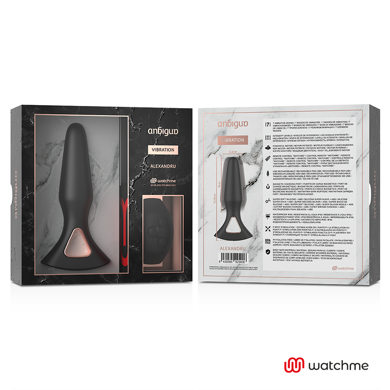 Emballage du plug anal Anbiguo Alexandru ouvert montrant l'avant marbre et le verso avec notice, presentation du jeu anal vibrant compatible Watchme.