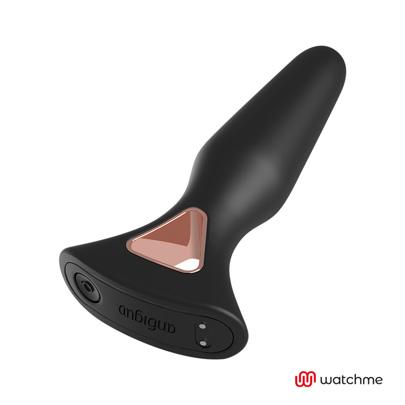 Gros plan du plug anal Anbiguo Alexandru en silicone noir, base evasee dotee des boutons de commande et logo cuivre, jeu anal vibrant rechargeable etanche.