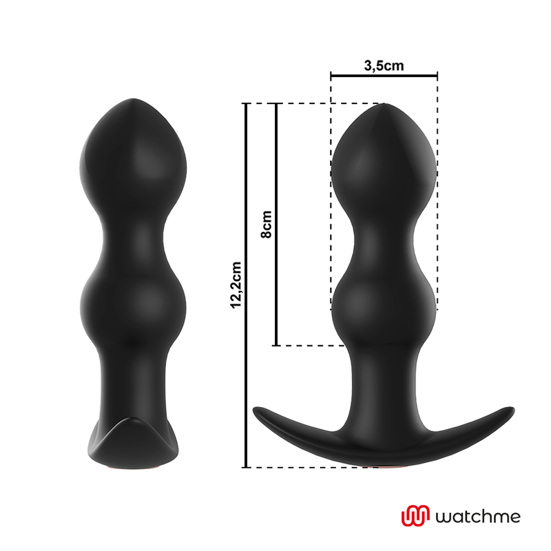 Schema cote du plug anal Anbiguo Tibério : 12,2 cm de longueur, 8 cm insérable et tete de 3,5 cm, silicone noir a perles sur base evasee securisante.