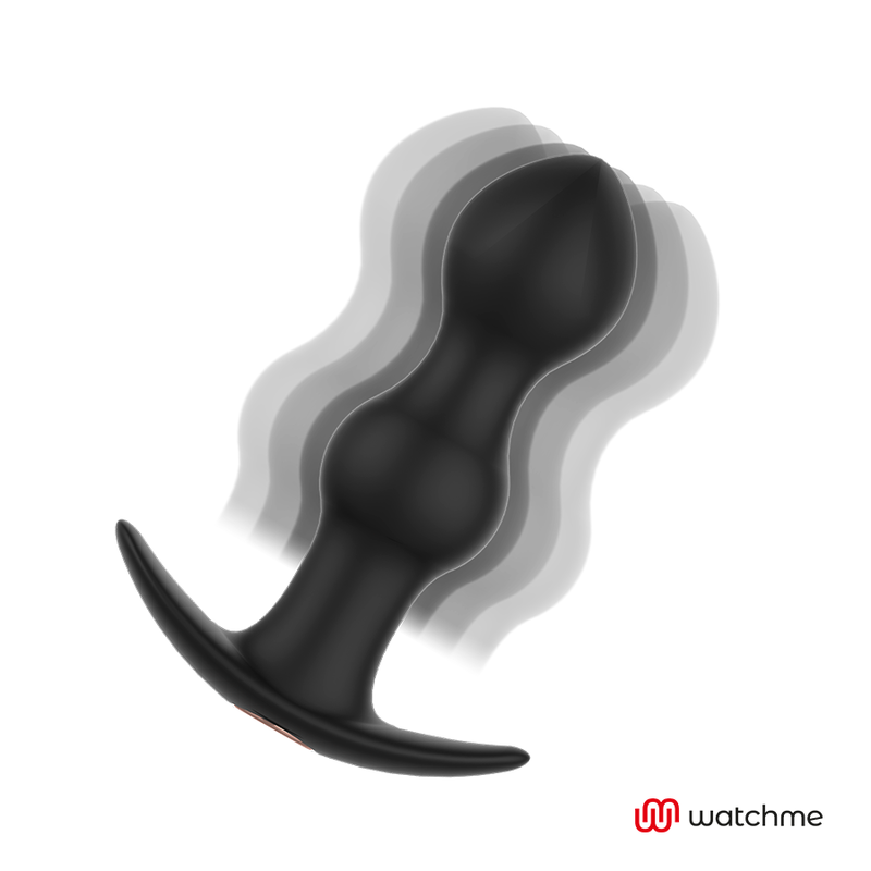 Plug anal Anbiguo Tibério en silicone noir a deux perles superposees, presente en flou de mouvement sur sa base evasee pour evoquer les vibrations modulables.