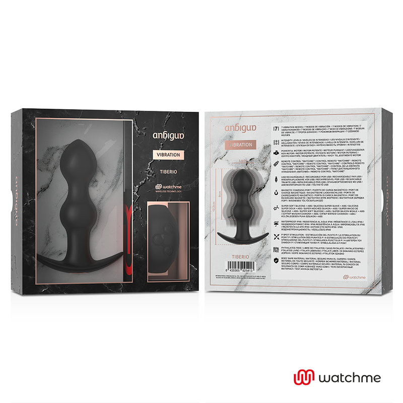 Emballage du plug anal Anbiguo Tibério ouvert, face marbre et verso avec notice detaillee, presentation du jeu anal vibrant a perles compatible Watchme.