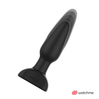 Plug anal Anbiguo André en silicone noir, forme conique lisse sur base evasee en croix, vue de profil d'un jeu anal vibrant a impulsions rechargeable.