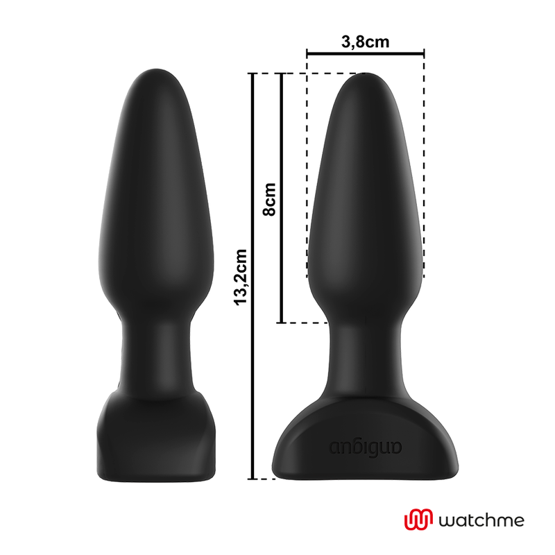 Schema cote du plug anal Anbiguo André : 13,2 cm de longueur, 8 cm insérable et 3,8 cm de diametre, silicone noir conique sur base evasee securisante.