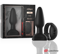 Coffret Anbiguo André : plug anal vibrant conique en silicone noir et telecommande montre Watchme devant l'emballage marbre, jeu anal a impulsions sans fil.