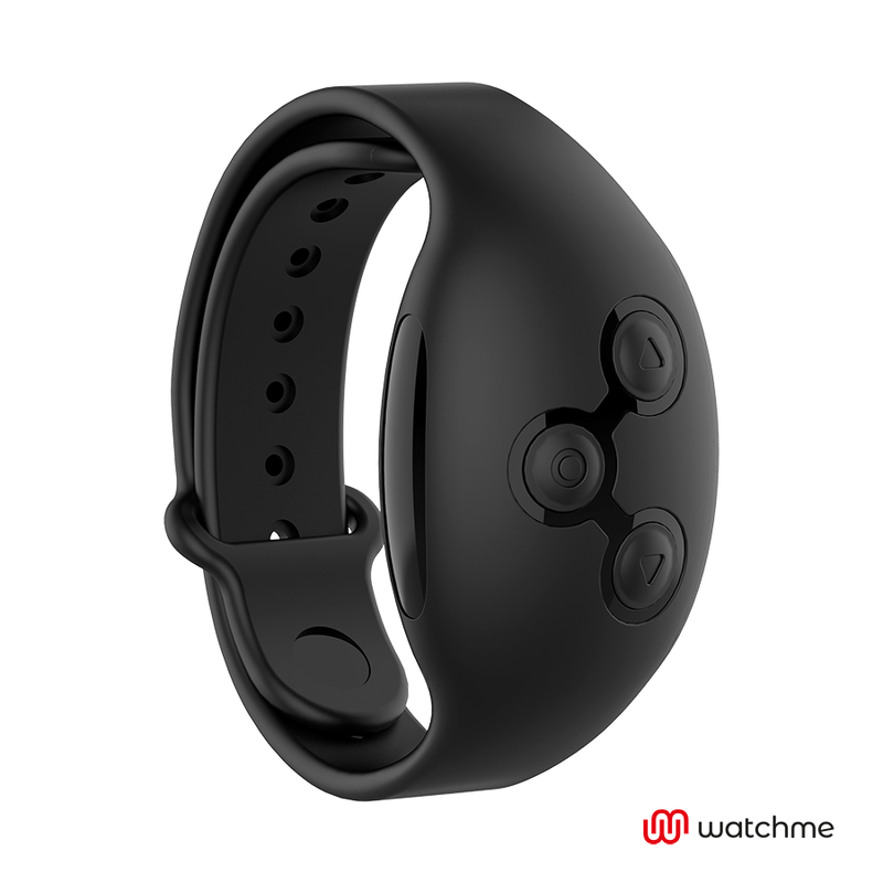 Telecommande montre Watchme du plug Anbiguo en silicone noir vue de trois quarts, boitier rond a trois boutons pour le controle sans fil du jeu anal.