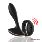 Plug anal vibrant fin Anbiguo en silicone noir avec telecommande montre Watchme et ondes rouges symbolisant le pilotage sans fil du jeu anal effile.