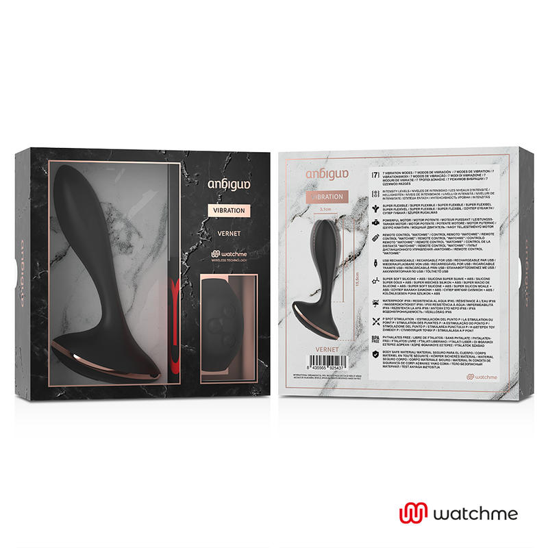 Emballage du plug anal Anbiguo Vernet ouvert, face marbre et verso avec notice, presentation du jeu anal vibrant fin compatible Watchme.