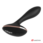 Gros plan du plug anal Anbiguo Vernet en silicone noir, base evasee avec boutons de commande et liseré cuivre, jeu anal vibrant effile rechargeable.