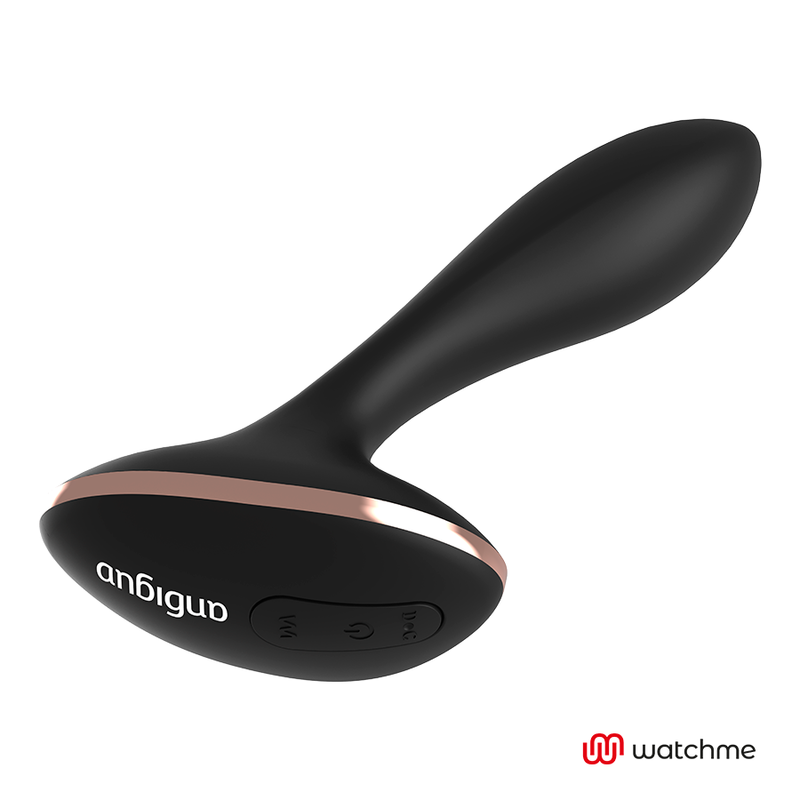Gros plan du plug anal Anbiguo Vernet en silicone noir, base evasee avec boutons de commande et liseré cuivre, jeu anal vibrant effile rechargeable.