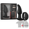 Coffret Anbiguo Amadeus : plug anal a perles rotatives en silicone noir et telecommande montre Watchme devant l'emballage marbre, jeu anal vibration et rotation.