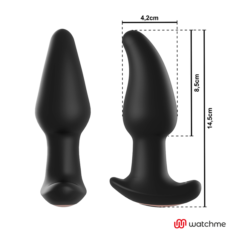 Schema cote du plug anal Anbiguo Amadeus : 14,5 cm de longueur, 8,5 cm insérable et tete de 4,2 cm, silicone noir a perles rotatives sur base evasee.