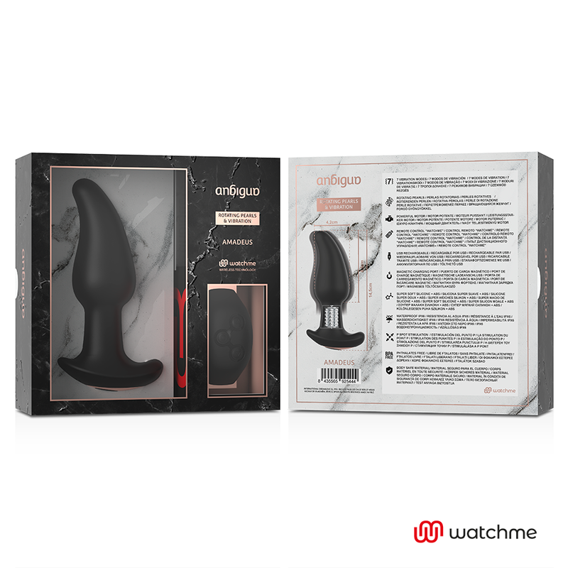 Emballage du plug anal Anbiguo Amadeus ouvert, face marbre et verso avec notice, presentation du jeu anal a perles rotatives compatible Watchme.