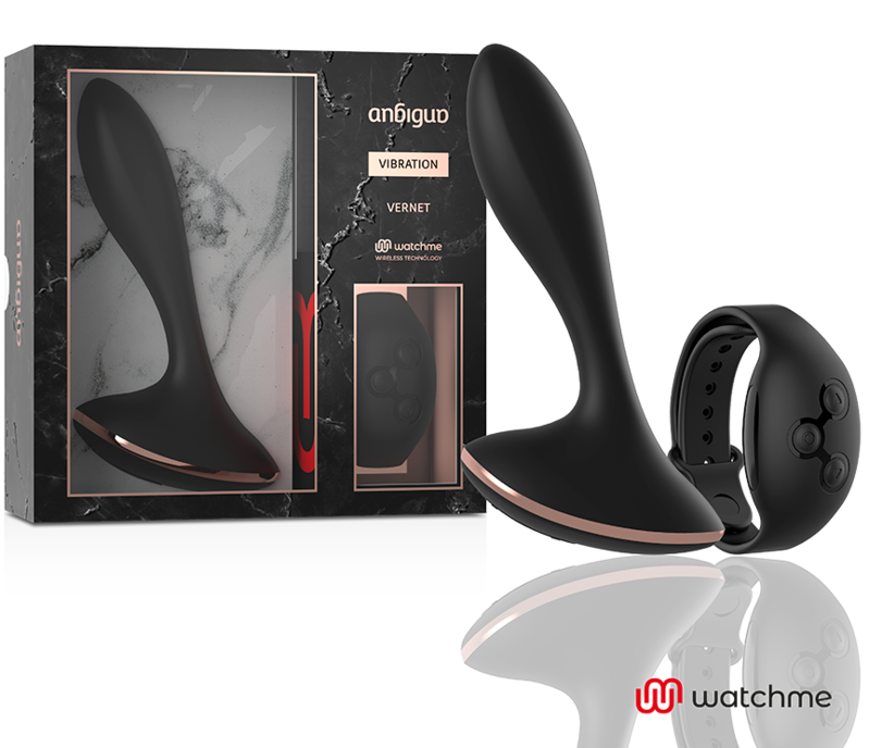 Coffret Anbiguo Vernet : plug anal vibrant fin en silicone noir et telecommande montre Watchme devant l'emballage marbre, jeu anal effile pilote sans fil.