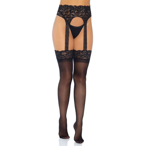 Bas opaques en dentelle a porte-jarretelles integre taille haute portes sur des jambes avec culotte couvrante et escarpins, maintien glamour Leg Avenue.