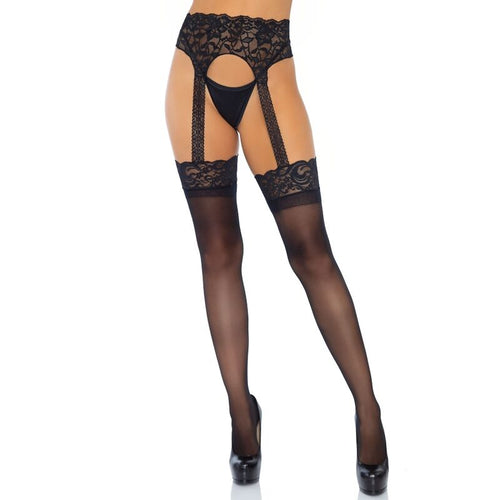 Bas opaques dentelle a porte-jarretelles integre taille haute portes sur des jambes avec escarpins, vue de face hauteur cuisse, ensemble de maintien Leg Avenue.