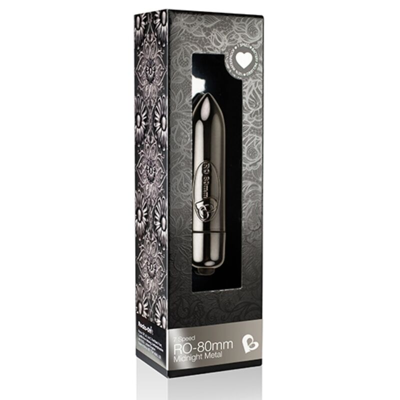 Boîte RO-80 mm Midnight Metal de Rocks-Off noire à motifs floraux gris, fenêtre montrant la balle vibrante en métal noir, sans visuel anatomique ni scène.