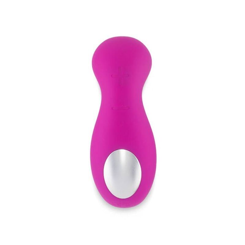 Masseur clitoridien Cliona rose en silicone de profil, forme galbee ergonomique lisse et embout chrome, stimulateur connecte a vibrations tactiles de l'ensemble couple Titan.