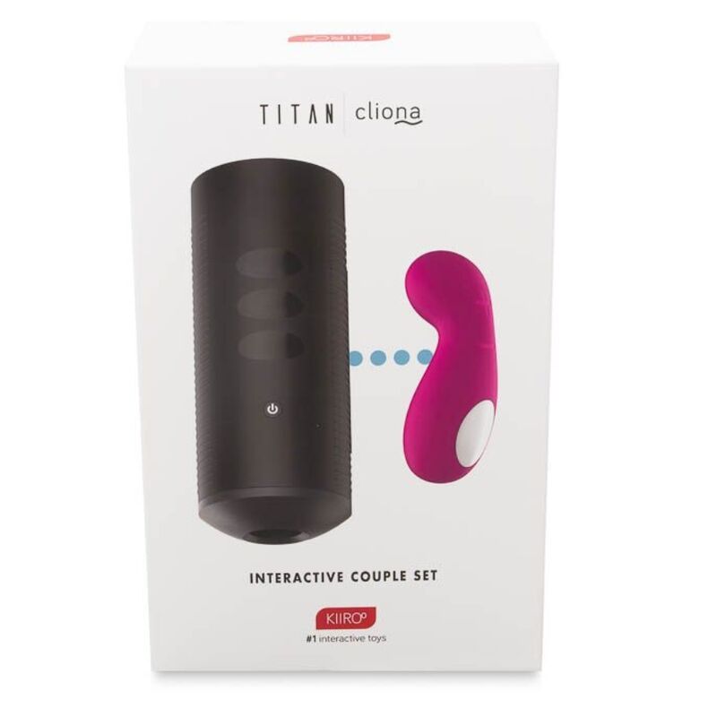 Boite Titan Cliona Interactive Couple Set avec masturbateur noir et masseur clitoridien rose, duo Kiiroo a vibrations tactiles connectees rechargeable etanche a distance.