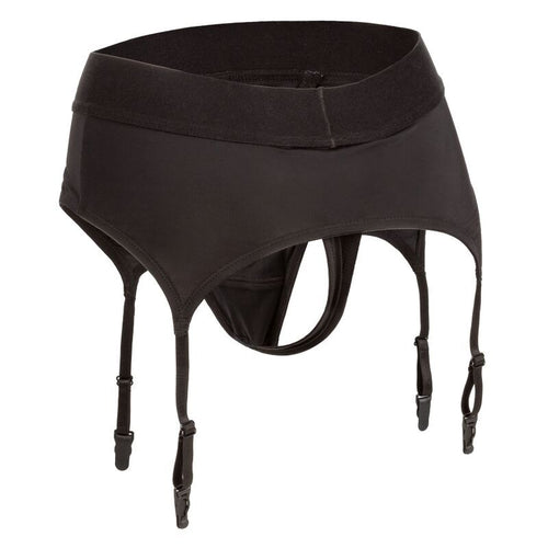 Harnais string CalExotics Boundless noir avec porte-jarretelles, ceinture large et anneau renforce extensible accueillant gode ou packer, vue de face sans modele sur fond blanc