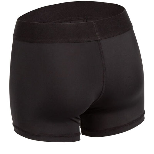 Harnais boxer Boundless noir vue de dos avec schemas de la poche interne et de l'anneau O-ring renforce, sous-vetement gode-ceinture extensible CalExotics pour packer ou gode