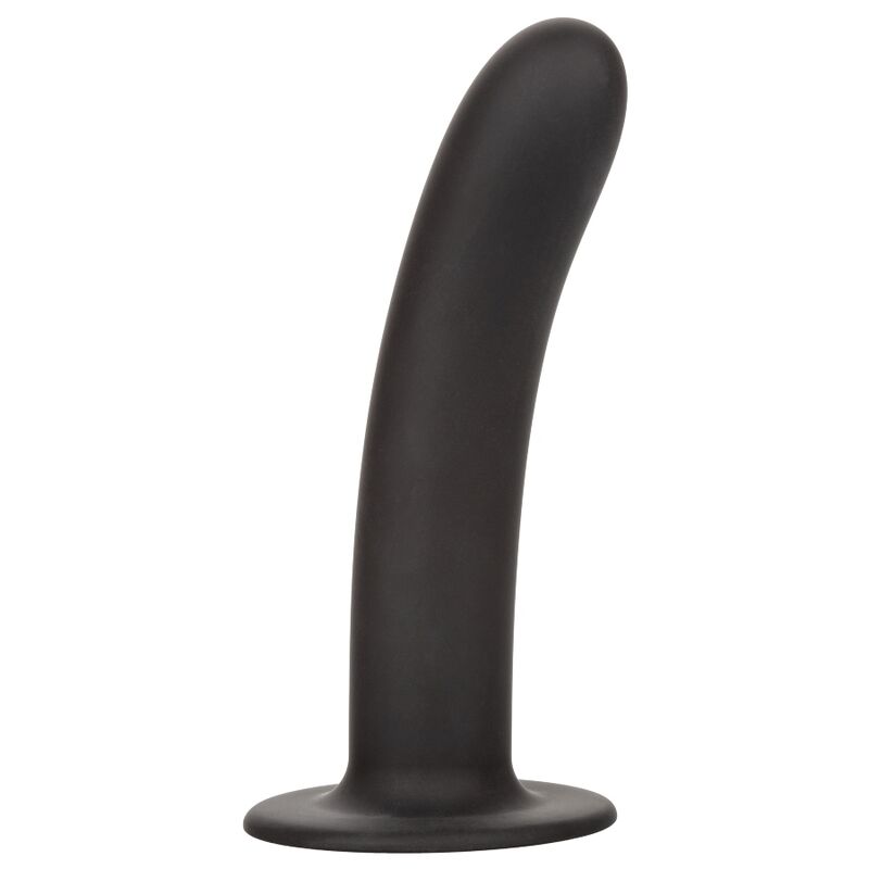 Gode Boundless CalExotics noir en silicone lisse a tige incurvee sur base ventouse, sonde premium sans couture ni gland, profil epure compatible harnais pour stimulation du point G