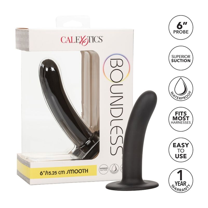 Boite CalExotics Boundless avec gode noir en silicone lisse 5,25 cm Smooth, sonde incurvee a ventouse compatible harnais, design epure sans relief realiste pour stimulation douce