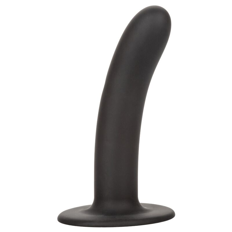 Gode Boundless CalExotics noir en silicone lisse a courbe douce sur base ventouse basse, sonde premium sans couture ni gland realiste, compatible harnais pour stimulation interne