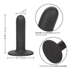 Gode Boundless noir en silicone lisse avec schema des dimensions 12 cm et base ventouse de 7,5 cm, sonde premium sans couture CalExotics compatible harnais pour stimulation douce