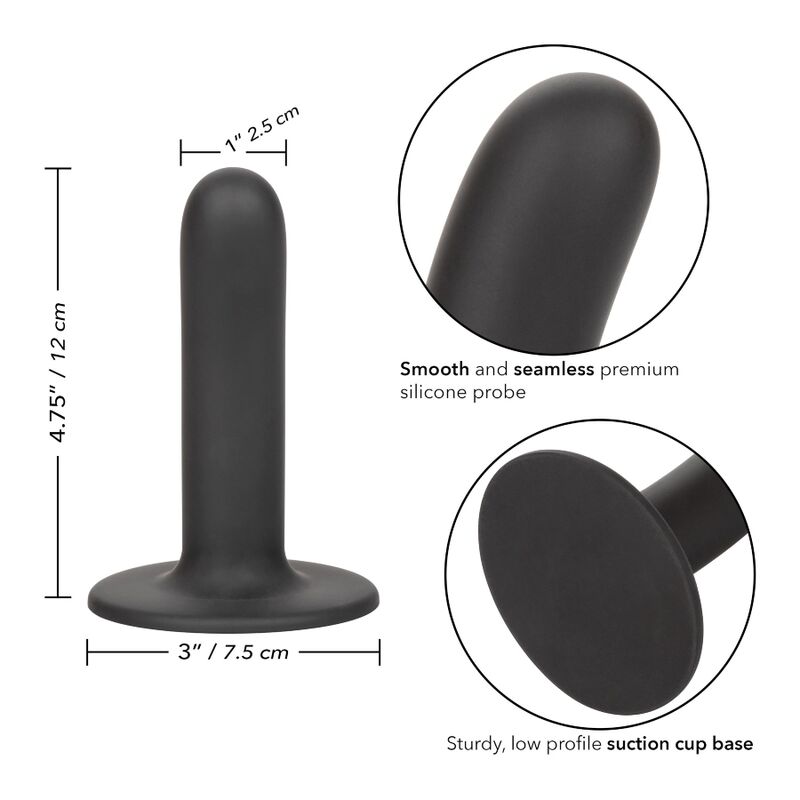 Gode Boundless noir en silicone lisse avec schema des dimensions 12 cm et base ventouse de 7,5 cm, sonde premium sans couture CalExotics compatible harnais pour stimulation douce