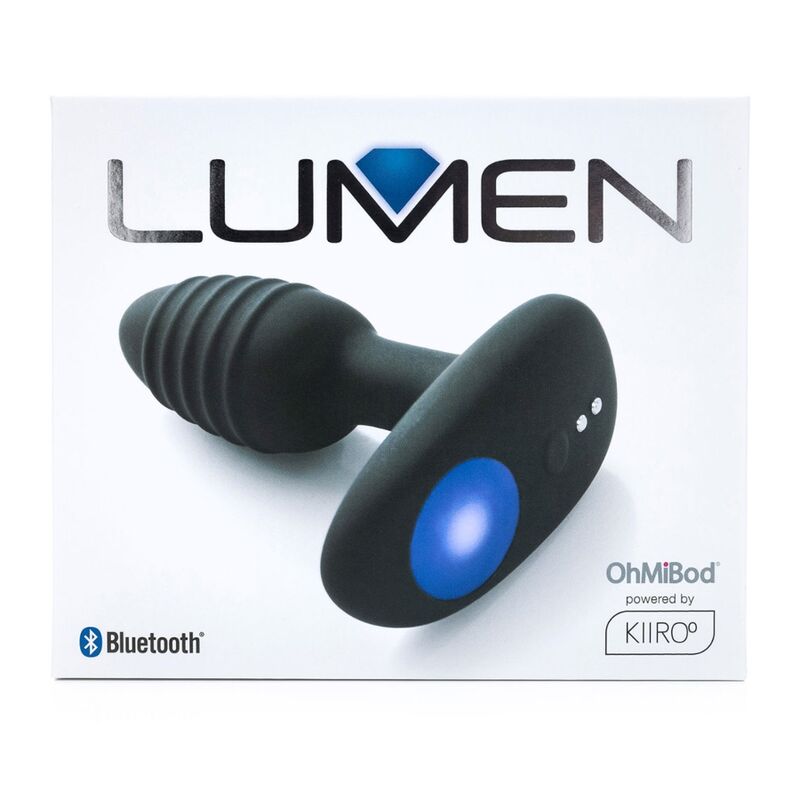 Boite Lumen OhMiBod powered by Kiiroo presentant le plug anal noir nervure a LED bleue, vibration connectee Bluetooth a quatre modes manuels rechargeable et etanche.