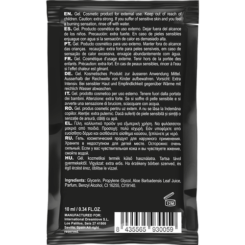 Dos de la dosette du gel retardant Chronos Coquette avec notice multilingue et code-barres, format pocket premium pour homme afin de prolonger le plaisir.