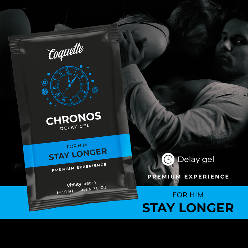 Dosette du gel retardant homme Chronos Coquette Stay Longer sur visuel d'ambiance, format pocket premium pour prolonger le rapport et retarder l'echeance.