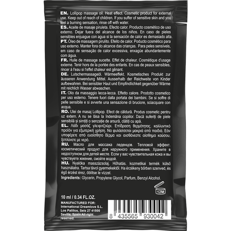 Huile de massage comestible effet chaleur sucette 10 ml — détail produit