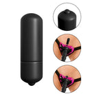 Trois gros plans en médaillon : bullet vibrant noir, son bouton, et le bullet inséré dans la poche rose du harnais