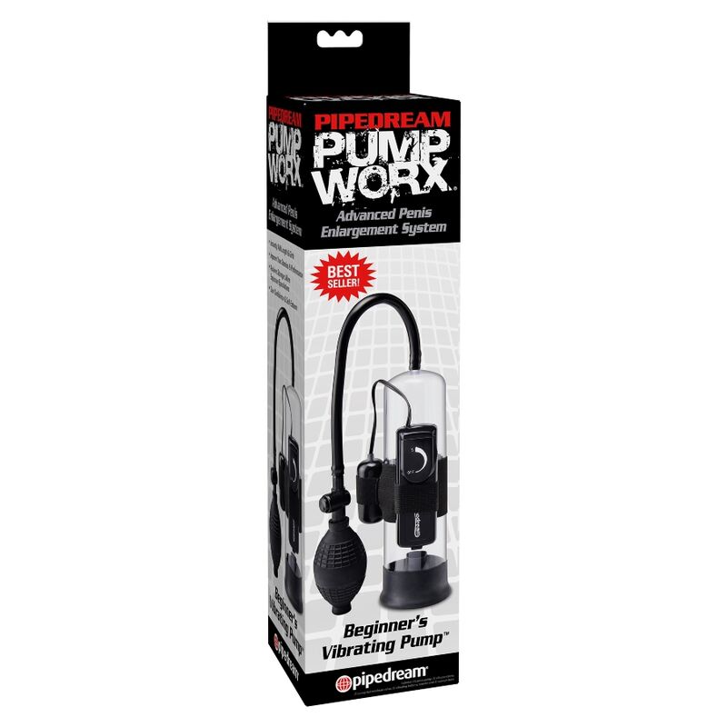 Boite Pipedream Pump Worx Beginner's Vibrating Pump, pompe a penis debutant vibrante a tube transparent, visuel produit sobre pour succion et vibrations combinees.