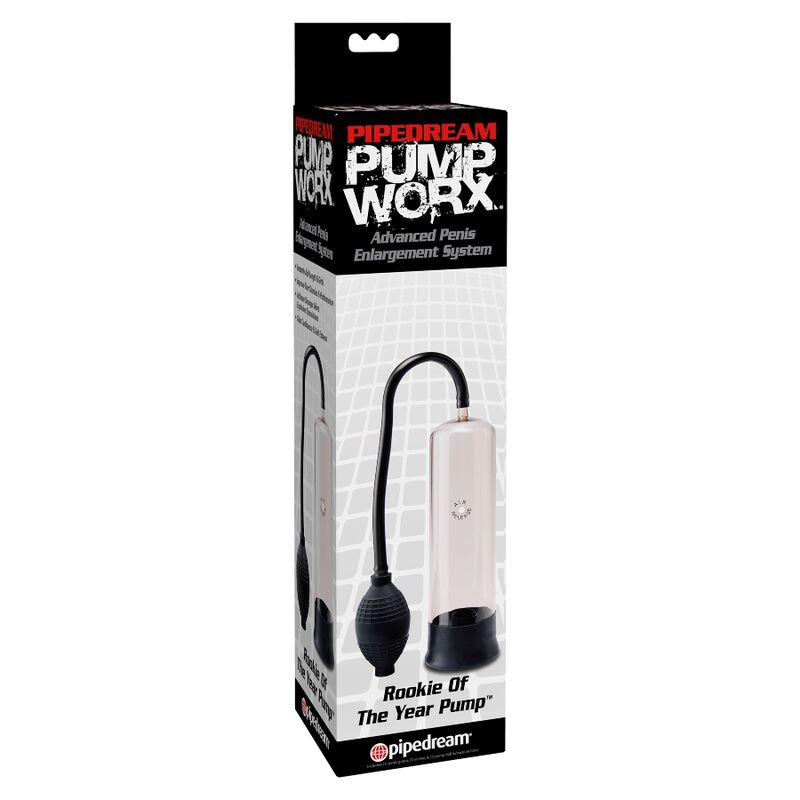 Boite Pipedream Pump Worx Rookie Of The Year Pump, pompe a penis debutant a tube transparent, visuel produit clair pour un effet de succion manuel simple.