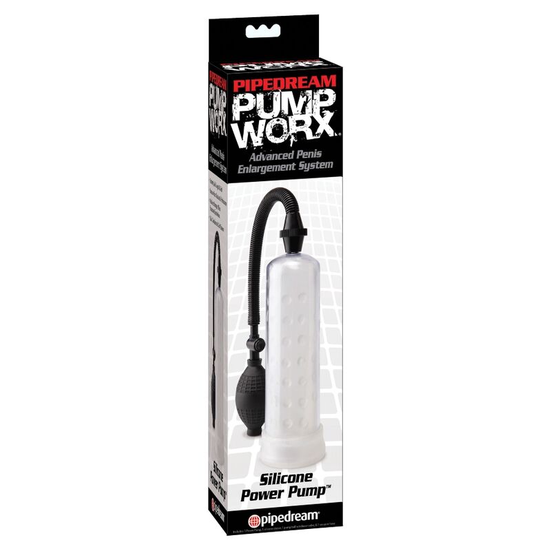 Boite Pipedream Pump Worx Silicone Power Pump, pompe a penis a manchon silicone souple et tube clair, visuel produit epure pour un effet de succion confortable.