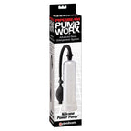 Boite Pipedream Pump Worx Silicone Power Pump, pompe a penis a manchon silicone souple et tube clair, visuel produit epure pour un effet de succion confortable.