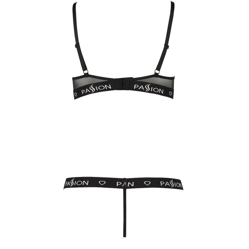 String ficelle noir Passion à plat vue de face, ceinture logotypée fine et dos minimal, lingerie épurée polyester élasthanne fabrication européenne.