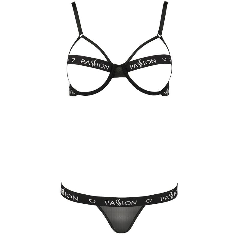 String noir Passion présenté à plat, pochette triangulaire et ceinture élastique logotypée, lingerie masculine sobre certifiée Oeko-Tex.